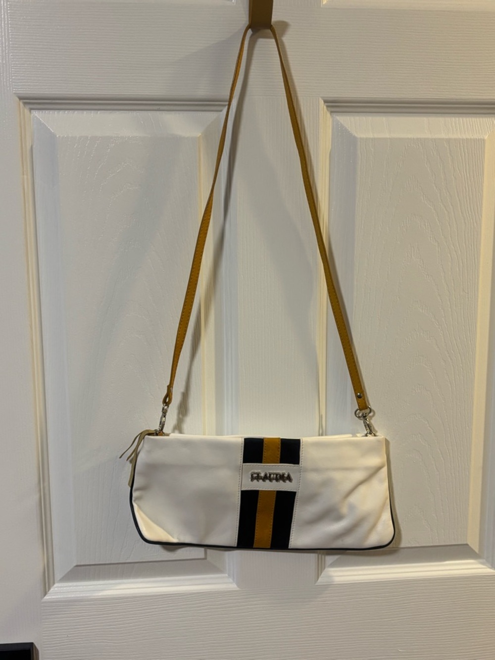 White Shoulder Bag with Black and Mustard Stripe - Unbranded